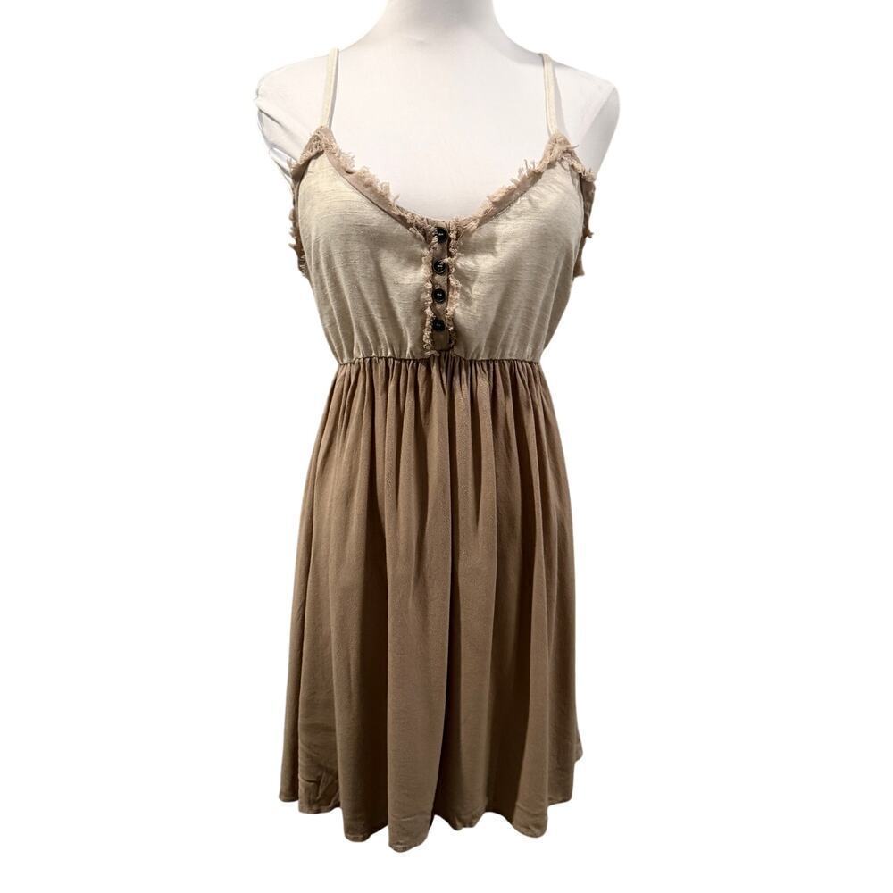 Magnolia Boutique Boho Cotton Flax Blend Mini Dress Medium Taupe Beige Festival
